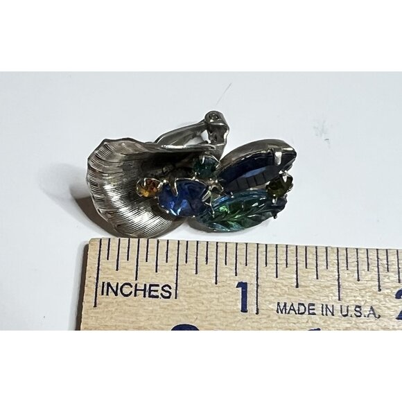 Juliana D&E Blue Green Rhinestones Brooch Earrings Set Molded Navettes #1748 - Picture 9 of 10